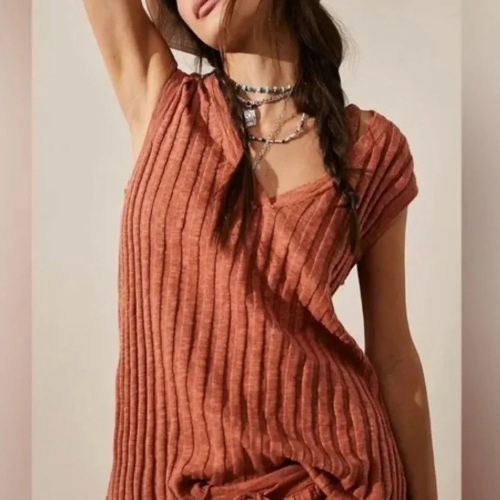 Free People Veda Set - Cinnamon Rust Ribbed Knit Midi Skirt and Top